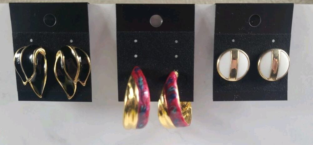Vintage Gold Tone Pierced Earrings Lot 3 Pairs Black White Enamel Hoop Retro